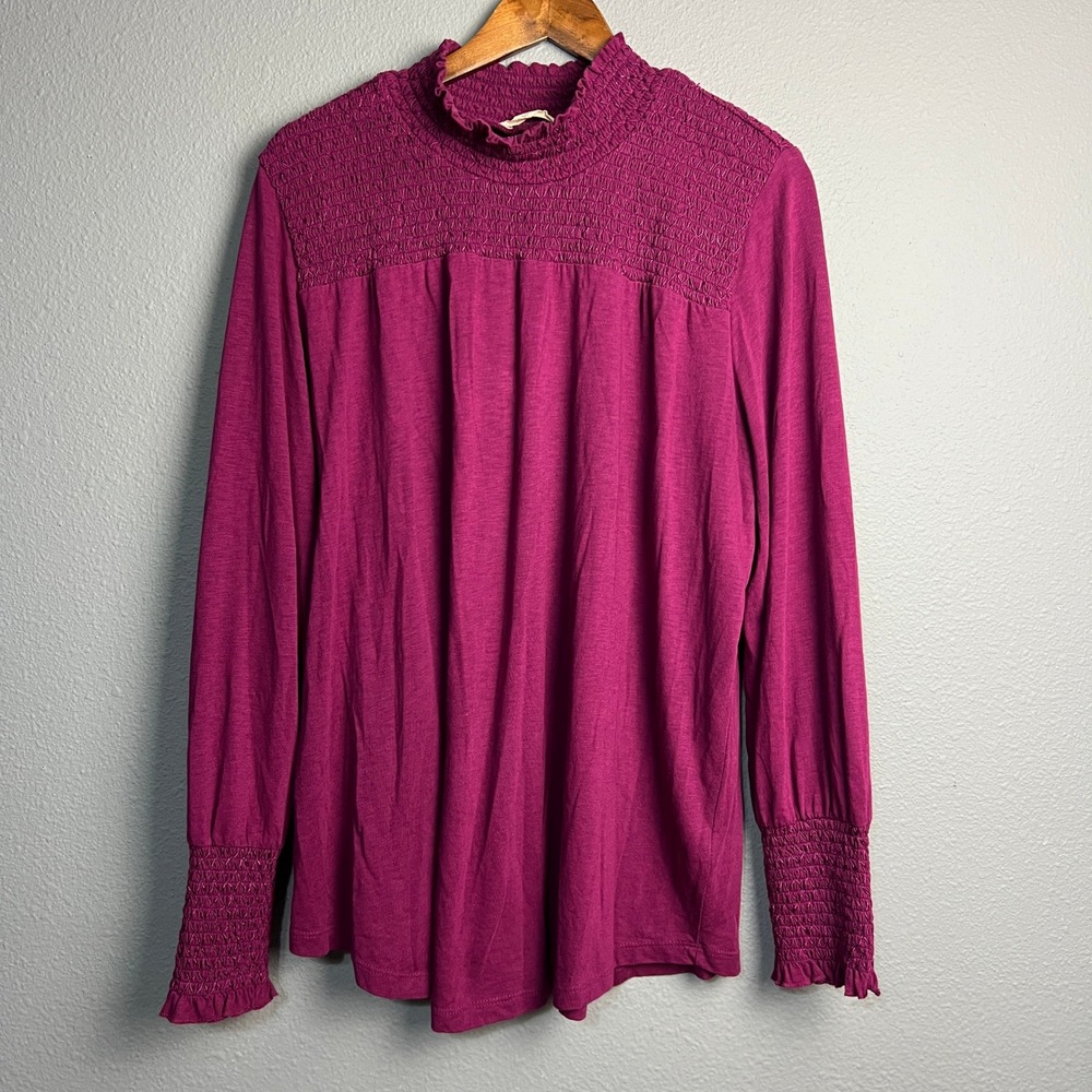 Soft Surroundings Flowy Smocked Mock Neck Top Long Sleeve Magenta Blouse‎ L
